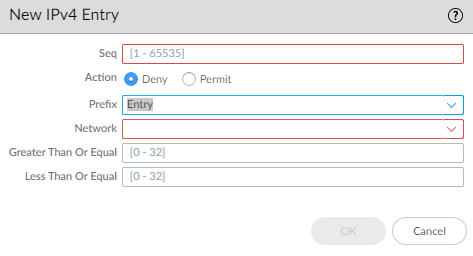 Prefix List IPv4 entry configuration with length options.